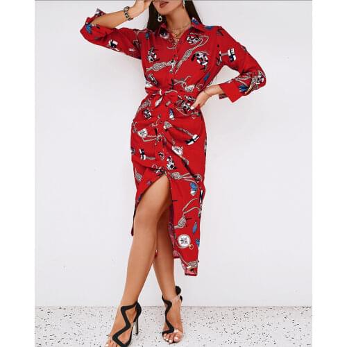 Chicme Women High Slit Button Front Long Sleeve Shirt Dress Autumn Turn-down Collar Lady Fold Maxi Vestidos Party Casual Elegant