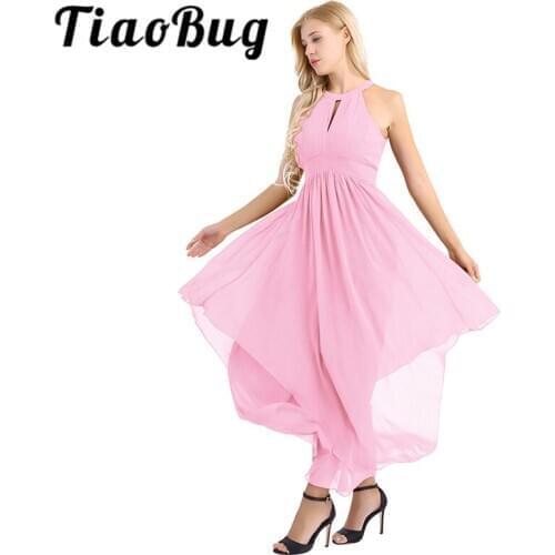 Women Ladies Sleeveless Halter Chiffon Elegant Evening Party Dress Slender Keyhole Opening A-Line Backless Formal Evening Dress