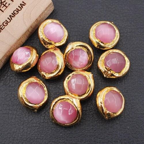 APDGG 10Pcs 15MM Natural Pink Cat eye Loose Beads Gold Plated Connector Beads For Necklace Pendant Jewelry DIY