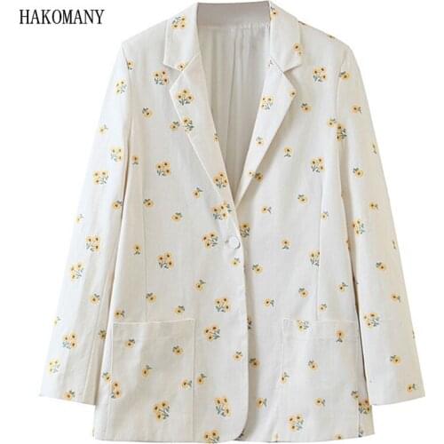 2020 Boyfriend White Embroidery Smaller Flower Blazer Vintage Women Notched Long sleeve Loose Suit Back Slit Casual Coat