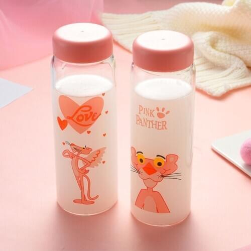 450ml Glass Drink Bottle Cute Cartoon Pink Panther Water Bottles with Insulated Cover Minimalist Milk Coffee Drinkware