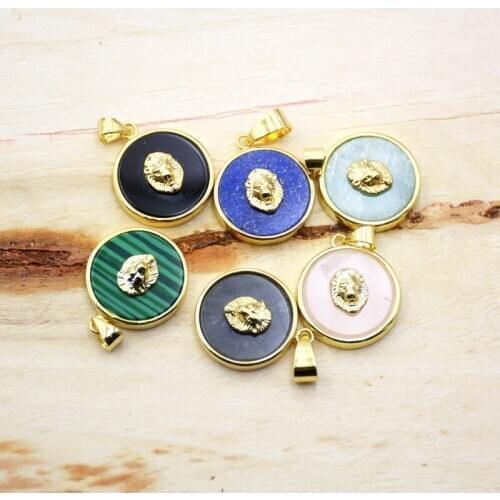 Bee Lion amethysts Rose Quartzs Lapis Amazonite Black Onyx Agates Coin Charms Round Gold-Plated Gems stone Pendants For Jewelry
