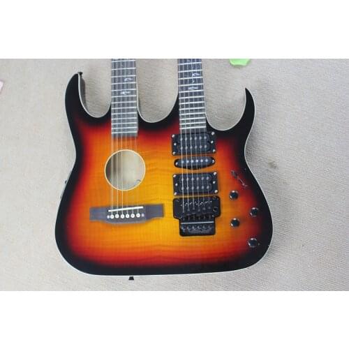 Free shipping double neck sunburst 6 strings guitar 12 strings semi hollow guitar,tremolo bridge,HH pickups,pearl inlay
