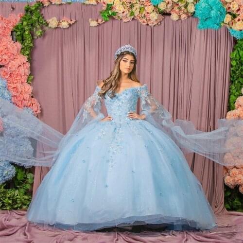 2021 Shining Sky Blue Ball Gown Quinceanera Dresses Beaded Off Shoulder Tulle Sequined Sweet 15 16 Dress XV Party Wear