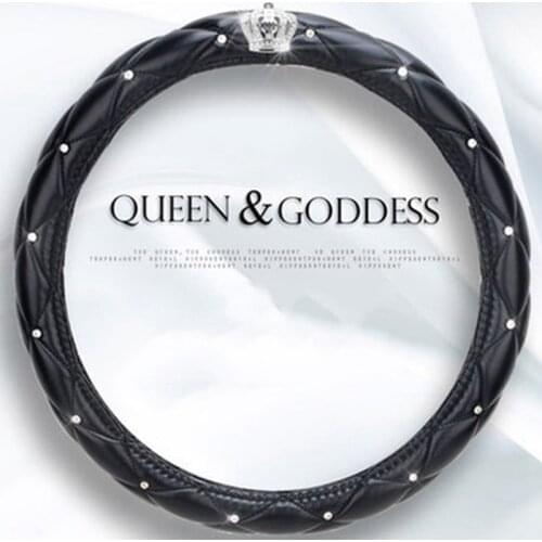 Fashion Women PU Leather Car Steering Wheel Covers Crystal Crown Auto Steering Pads Protector for Lady Girls Car Accessories