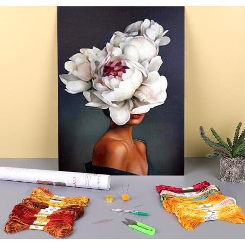 Girl Flower Printed Fabric 11CT Cross-Stitch Patterns DIY Embroidery DMC Threads Handiwork Sewing Handicraft Craft Package