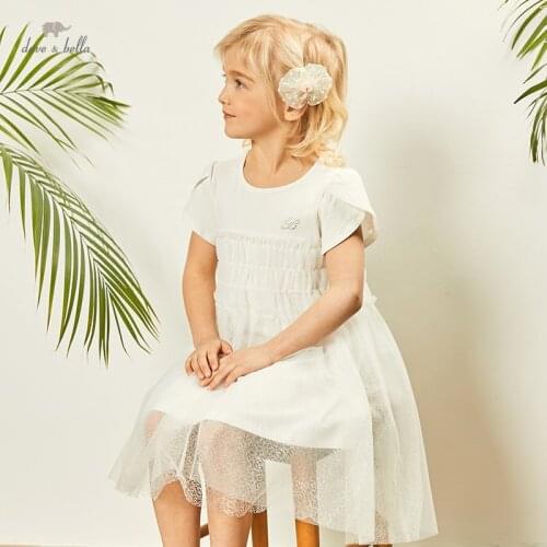 DKY18115 dave bella summer girls 5Y-13Y fashion letter mesh dress children sweet dress kids infant lolita clothes