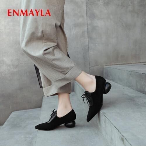 ENMAYLA 2019 Luxury Shoes Women Designers Party Pointed Toe Kid Suede Lace-Up Round Heel Mature Pumps Women Shoes Size 34-39