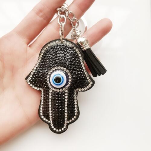 Fatima Rhinestone Keychain Leather Tassel Crystal Turkey Evil Eye KeyChains Women Holder Bag Car Key Ring Fashion Jewelry