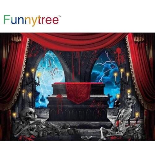 Funnytree Halloween Theme Backdrop Skeleton Moon Lightning Coffin Candle Cross Red Curtain Dark Clouds Decoration Background