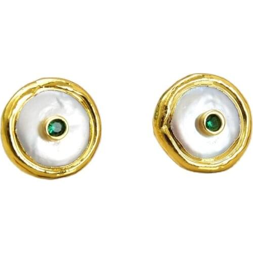 GG Jewelry 16mm Freshwater White Coin Pearl Golden Plated Stud Green Cz Earrings