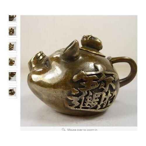 Wholesale factory Decoration Crafts Brass collectible old china copper carved pig shape teapot carved calligraphy