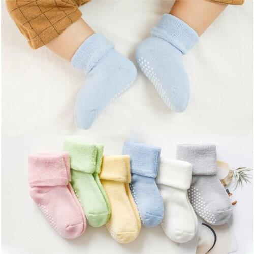 Autumn Winter Solid Color Baby Terry Tube Socks Coral Fleece Thick Warm Floor Socks Non-slip Baby Socks