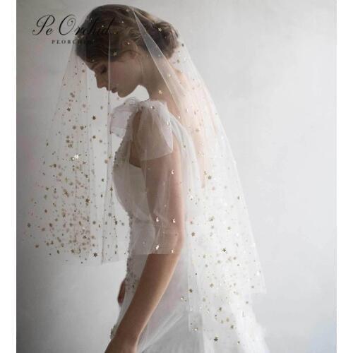PEORCHID Wedding Gold Star Veil 2 Layer With Comb Mariage Accessoires 2020 Sparkle White Ivory Short Bridal Veil