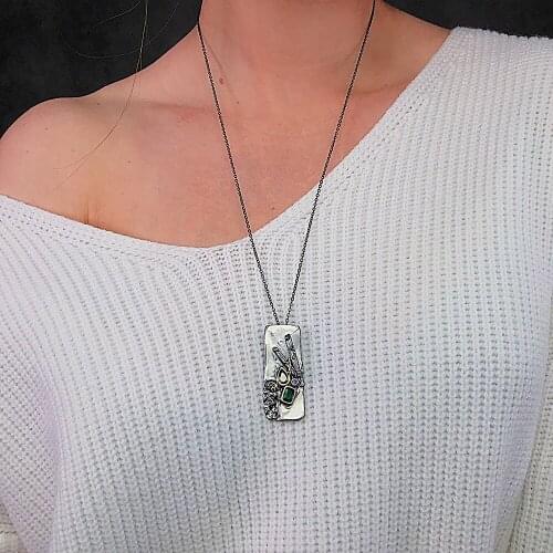 Hip hop rock Long shape Pendant Green Cubic zirconia Necklace Women Cool Jewelry Long chain Pendants for Holiday