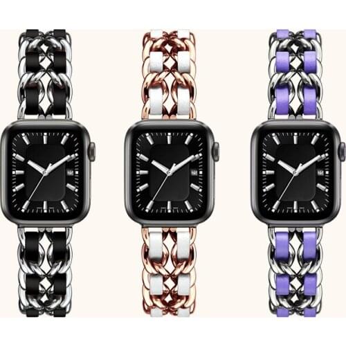 Small fragrance strap for Apple Watch 6 5 4 40mm 44mm Stainless Steel Chain With Leather Bracelet Strap for iwatch 3 38mm 42mm