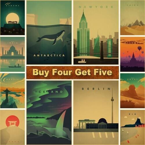 Famous Travel City Retro Poster New York Paris Ireland Wall Art Kraft Paper Painting Pictures for Living Room Home Decor Sticker