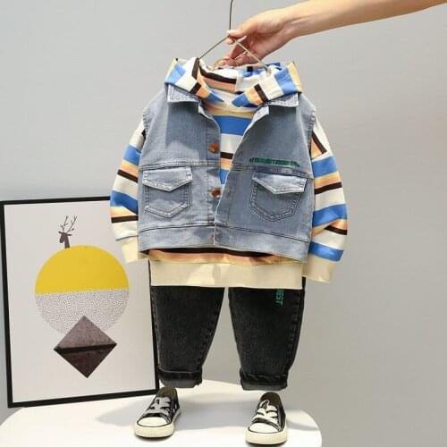 Spring Autumn Baby Boys Children Denim Clothes denim vest Hoodies jeans 3Pcs/sets Infant Kids Fashion Toddler Casual Tracksuits