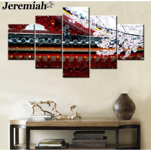 Modern Architecture Landscape Canvas Poster Fan Cherry Blossom Simple and Elegant Multi-Painting Wall Art Nordic Home Decoration