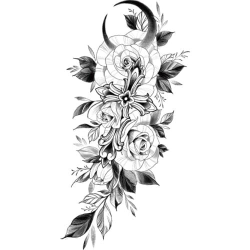 Temporary Tattoo Sticker Cross Moon Flower Roses Peony Sketches Tattoo Designs Sexy Girls Model Tattoos Arm Leg Black Stickers