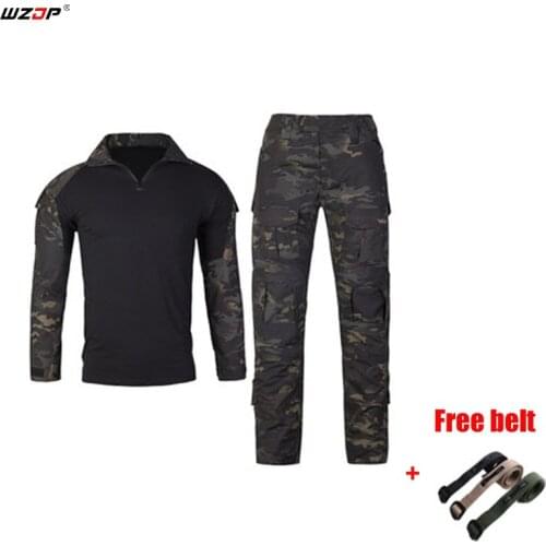WZJP Tactical Camouflage Military Uniform Clothes Suit Men US Army clothes Military Combat Shirt + Cargo Pants With Free Belt