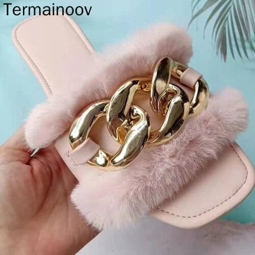 Termainoov Women Outdoor Slippers Metal Chain Flats Open Toe Hairy Slippers Plush Indoor Slidders Fashion Sexy Plus Size Shoes
