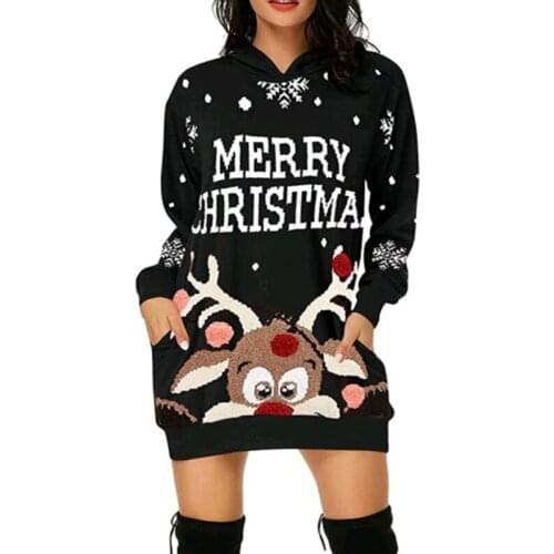 New Fashion Women Autumn Winter Party Christmas Loose Hooded Pullover Casual Cartoon Print Long Sleeve Sweatshirts With Pocket