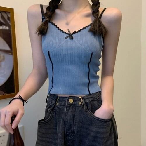 Summer Bow Deep V-Neck Slim Vest Women Patchwork Backless Exposed Navel Knitted Camisole Tank Casual Top