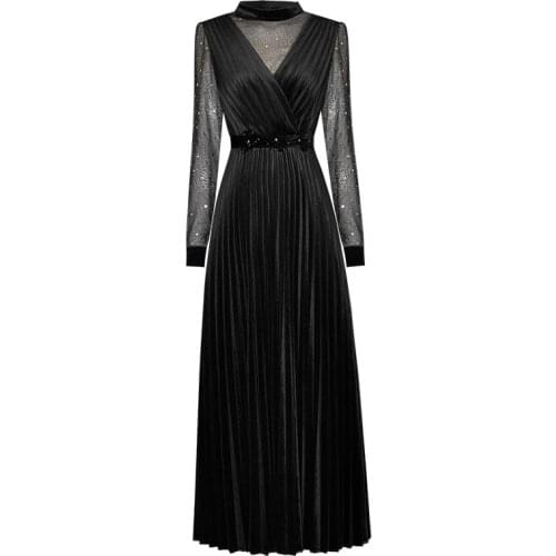Winter Runway Fashion Autumn Velvet Dress Women Mesh Sleeve Stand Collar Diamonds Beading Belt Pleated Black Dresses