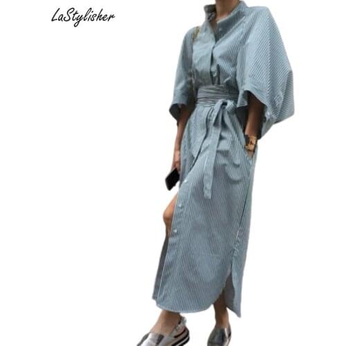 LaStylisher Women Dresses Sashes Spring Summer Elegant Casual Striped Shirt Dress Cotton Single Breated Maxi Dress Clothing New