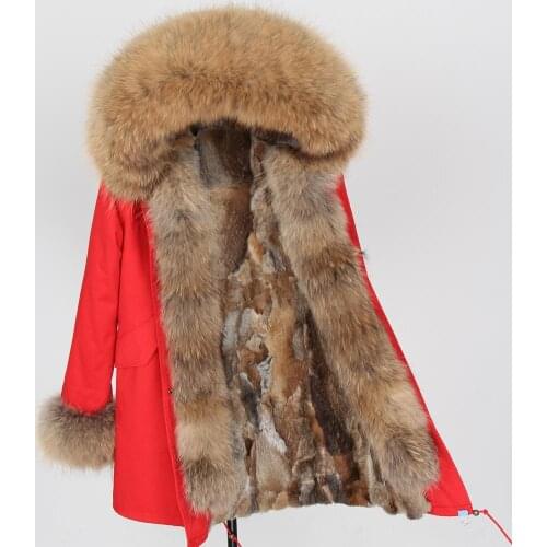 Winter leather coat women long rabbit fur lining belt parka coat hood big raccoon fur collar warm jacket