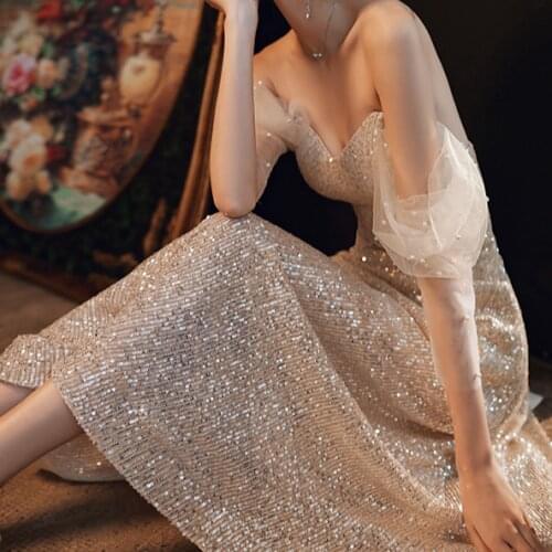 2021 Summer Slash Neck Women Banquet Party Fairy Dress French Lace Bling Bling Tube Top Temperament Evening Woman Birthday Dress