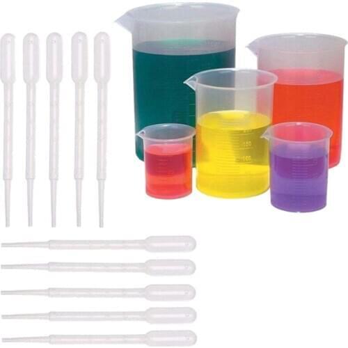 5 Sizes Plastic Beakers Measuring Cups Set(50, 100, 250, 500, 1000ML) and 20 Pack Clear 3ml Graduated Transfer Pipettes
