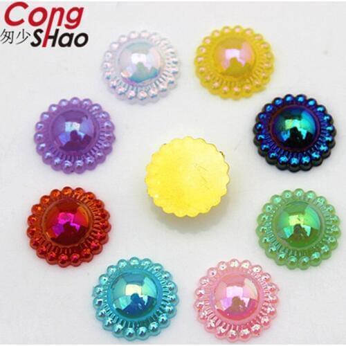 Cong Shao 200PCS 12mm AB Color Sunflower Acrylic Round Rhinestone appliqu Crystal Stones Flatback Beads DIY costume Button YB541