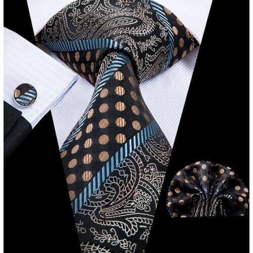 Hi-Tie Mens Ties Black Dots Tie Paisley Neckties Pocket Square Cufflinks Set Wedding Party Business Tie for Father C-3006
