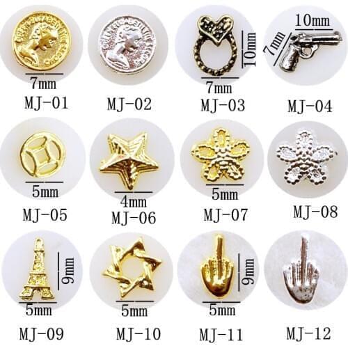 50pcs/pack metal nail art coin heart loop gun pentagram six-star five flower palm for 3d jewelry nails sticker decoration art tools