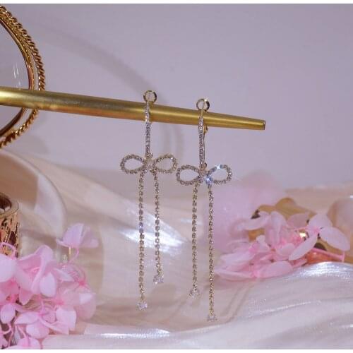 14k Real Gold Plated Fashion Jewelery Crystal Bowknot Long Chain Exquisite Earrings for Woman Holiday Party Elegant Earring