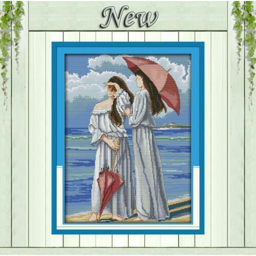 Watching the sea girls scenic paintings decor Needlework Counted Print on canvas DMC 11CT 14CT Cross Stitch Sets embroidery kits
