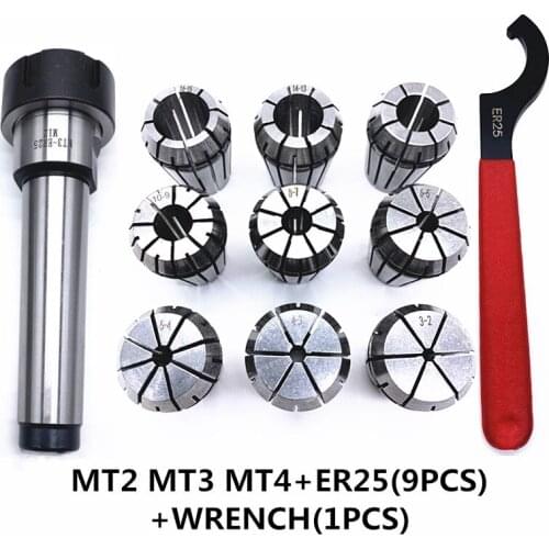 9Pcs ER25 Spring Collets Set 1PCS MT3 ER25 M10 MT3 ER25 M12 MT4 ER25 M12 Collet Chuck Morse Taper Holde and wrench