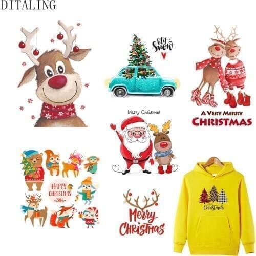 Christmas Patch For Clothing Iron-On Transfers For T-Shirt DIY Washable Sticker Deer Santa Claus Car Patch Heat Transfer Sticker