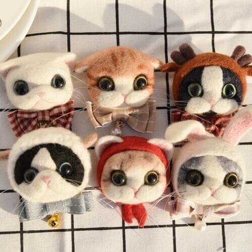 No Finished Women Pocket Animal Cat Felt Poke Siam Cat Wool Needlepoint Kit Needle Felted Cat Head Badge Brooch DIY Needlecarft