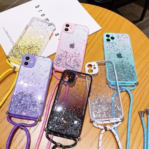 Crossbody Necklace Cord Strap Lanyard Glitter Clear Case For iPhone 11 12 Pro Max 12 Mini XS Max XR X 8 7 6s Plus SE 2020 Cover