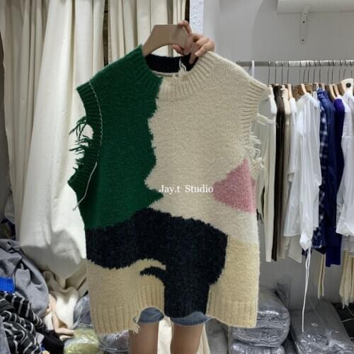 Pullover Knitted Wool O Neck Autumn and Winter Korean-Style Loose All Match Contrasting Color Sweater Vest Women