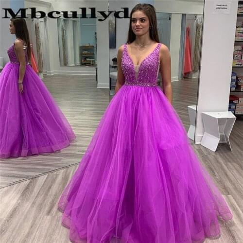 Mbcullyd Puffy Tulle Prom Dresses 2020 Shining Beading Crystal Purple Party Dress For Women Plus Size Evening Robe De Soire