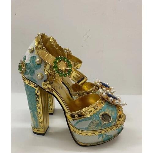 Luxury Diamond Platform Bridal Wedding Shoes Woman Chunky Heel Ankle Strap Embroidery Satin Beaded Rivet Sandals Women