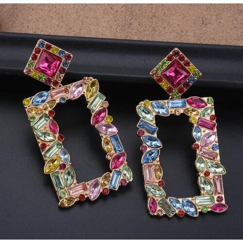 Luxury Full Crystal Statement Earrings Women Trendy Geometric Rectangle Drop Dangle Earring Jewelry Multicolor Wedding Brincos