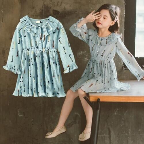 Girl spring and autumn chiffon dress Girl long sleeve floral dress Girl hipster princess dress Girl waist dress