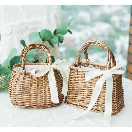 Rattan Flower Basket Handbag Korean Woven Vegetable Basket Cloth Lining Willow NewFemale Bag ins same Paragraph Summer Bamboo w