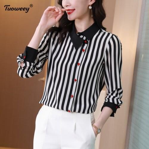 Vintage Chiffon Blouse Women striped Blusas Mujer De Moda 2021 Summer Korean Style Plus Size Tunic Tops office Long Shirts