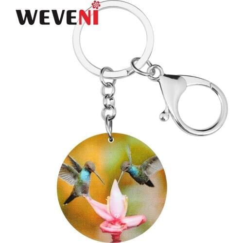 WEVENI Acrylic Round Cute Hummingbird Bird Keychains Flower Animal Keyring Jewelry For Women Lover Girl Trendy Gift Accessories